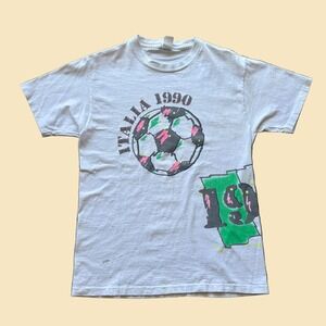 Vintage 1990 Italia Cyrk World Cup Soccer Graphic T-Shirt White Large